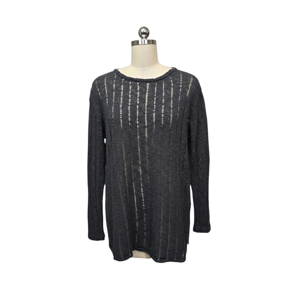 Natural Life Women Charcoal Grey Open Knit Ladder Stitch Cotton Sweater Size Med